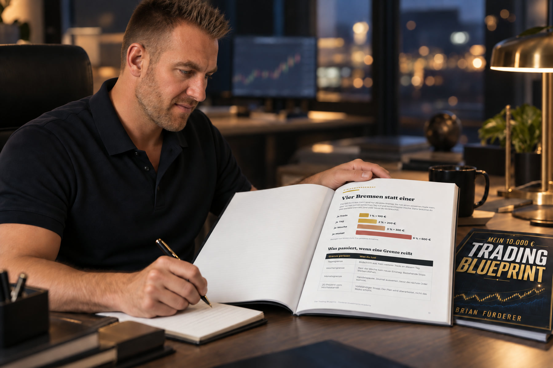 Brian Fürderer arbeitet abends mit dem aufgeschlagenen Trading Blueprint