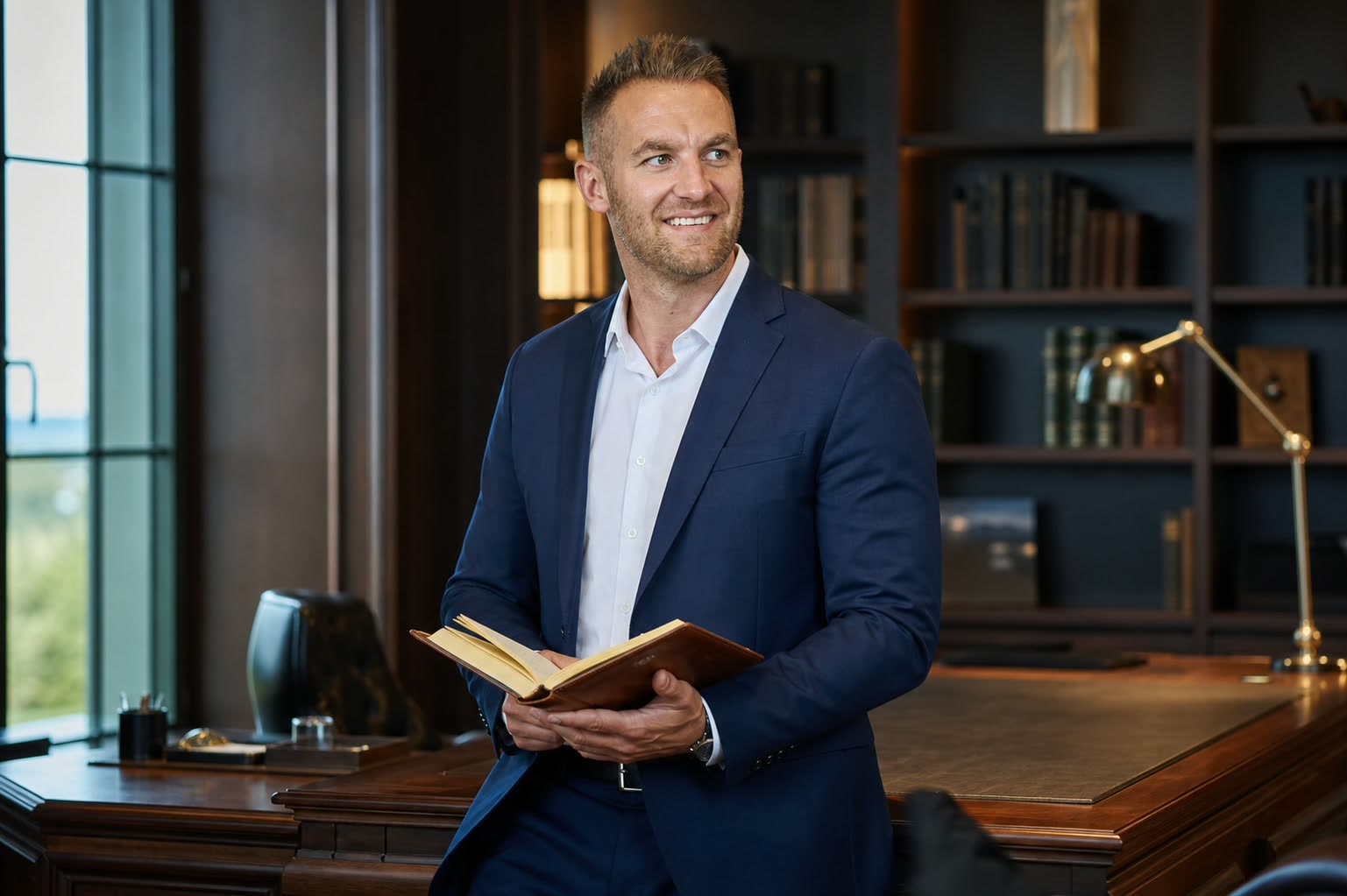 Brian Fürderer mit aufgeschlagenem Buch in einer Bibliothek