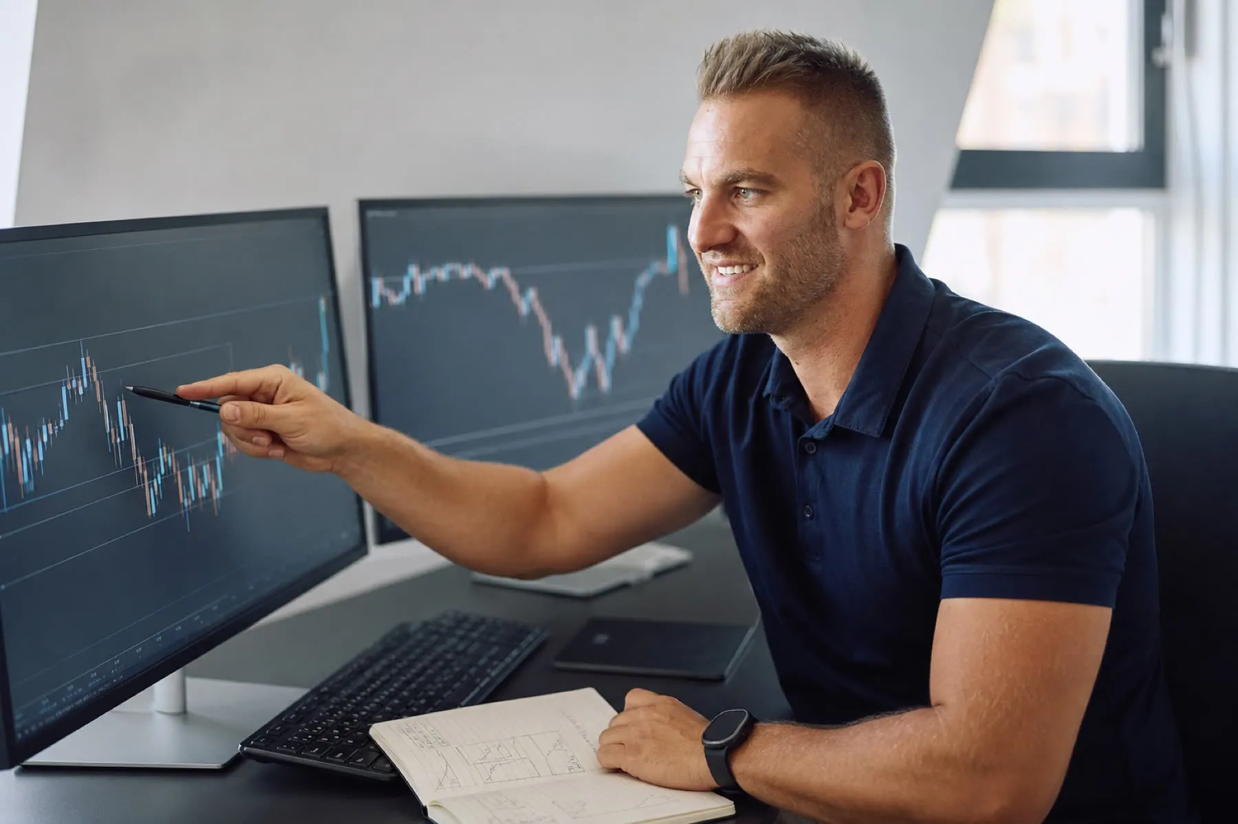 Brian Fürderer analysiert Marktstruktur und Kursphasen an zwei Monitoren