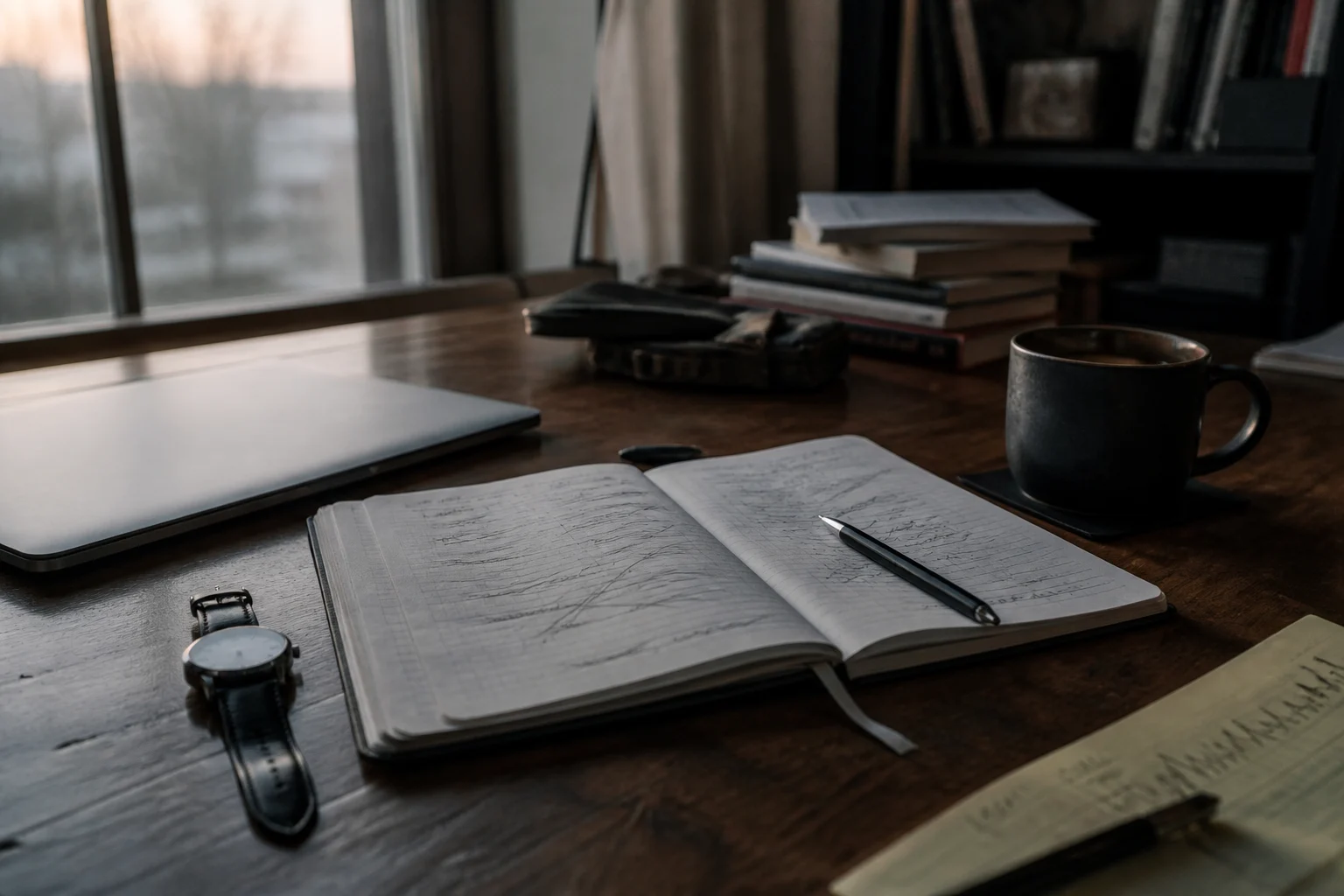 Aufgeräumter Schreibtisch mit offenem Notizbuch, Stift und Kaffeetasse