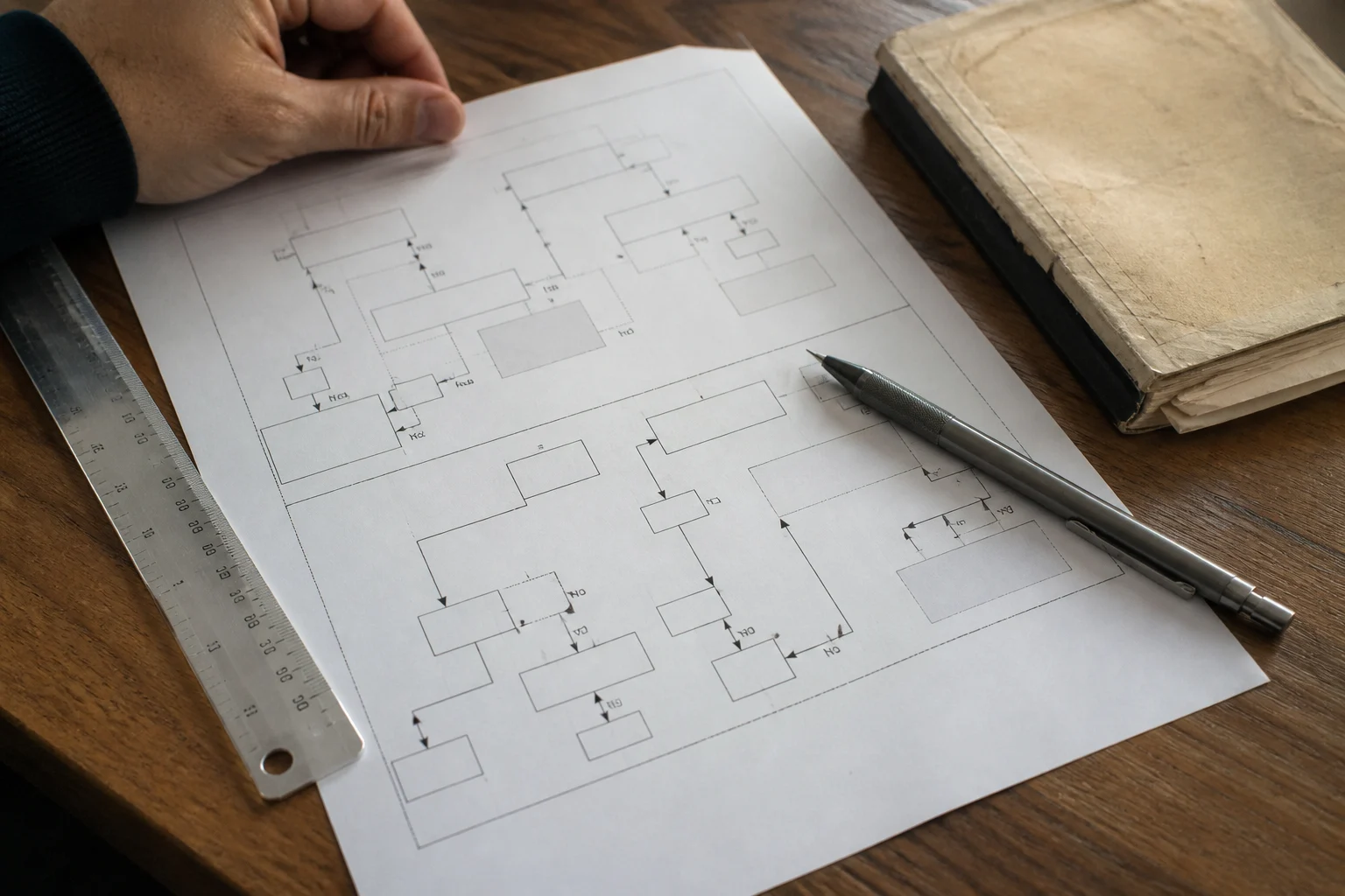 Von Hand gezeichnetes Ablaufdiagramm eines Handelssystems mit Lineal und Stift