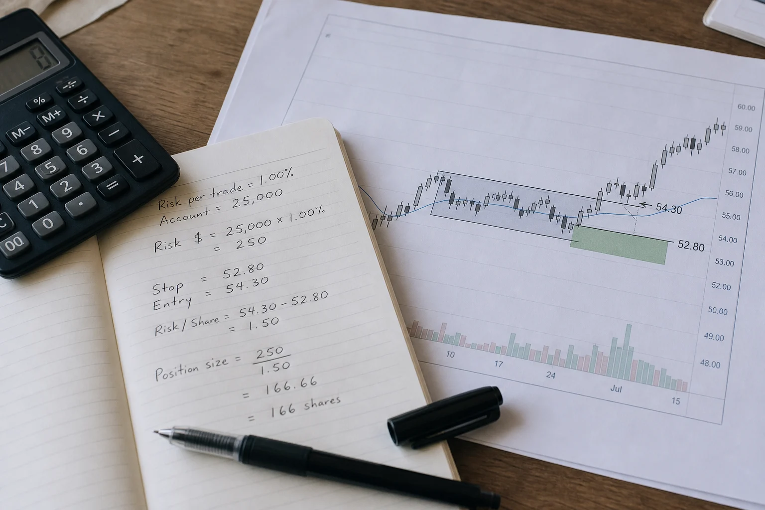 Notizbuch mit Risikoberechnung neben einem ausgedruckten Chart und Taschenrechner