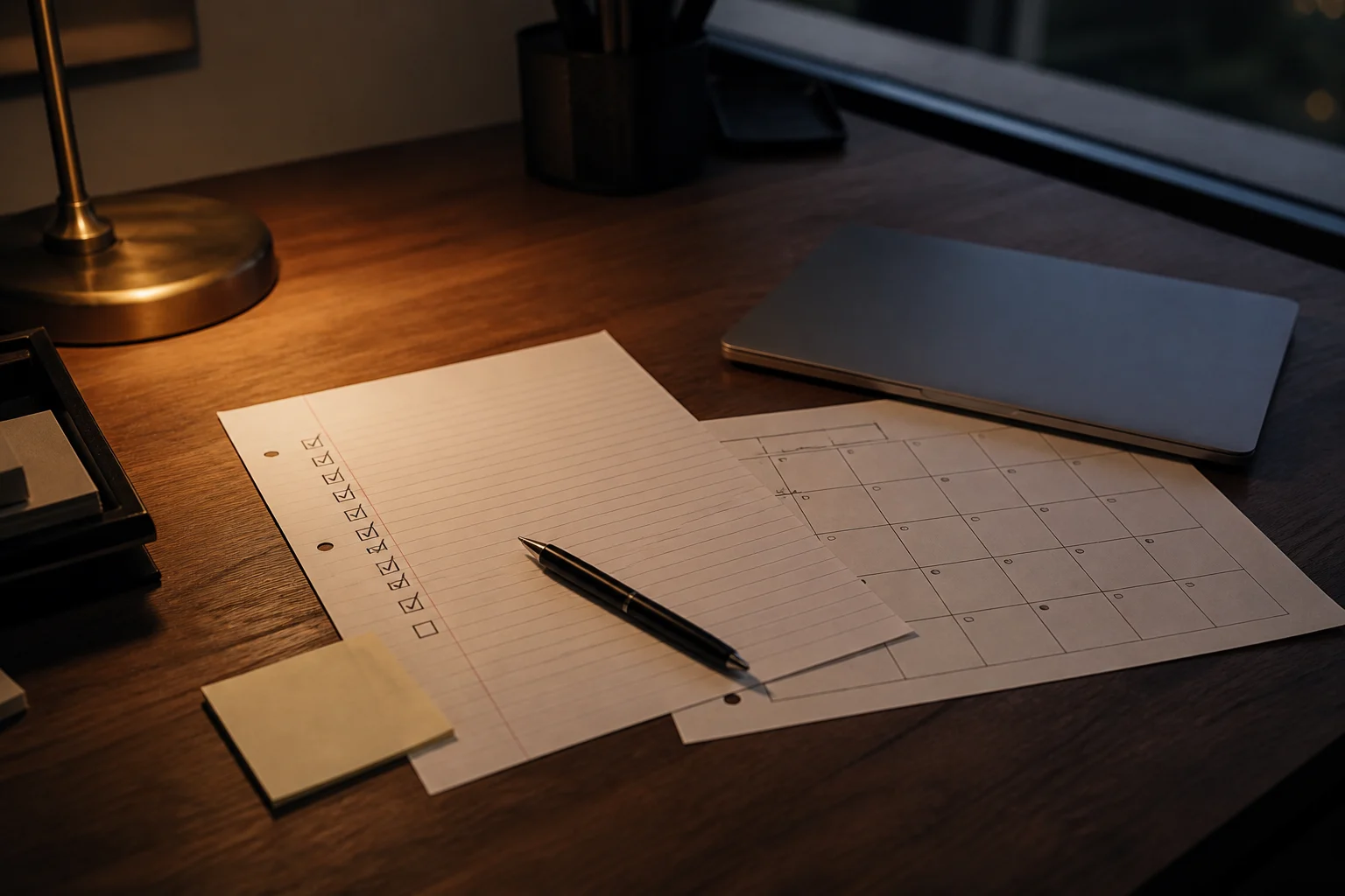 Wochenplan mit Checkliste und Stift auf einem Schreibtisch