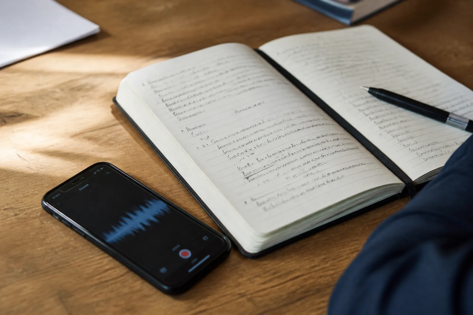 Handschriftliche Notizen neben einem Smartphone mit aufgenommener Sprachnachricht
