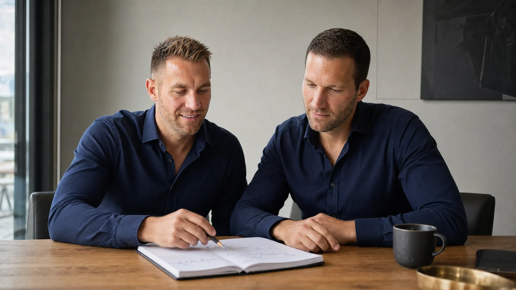 Brian Fürderer und Philipp Theis arbeiten gemeinsam an einem Handelsplan im Notizbuch