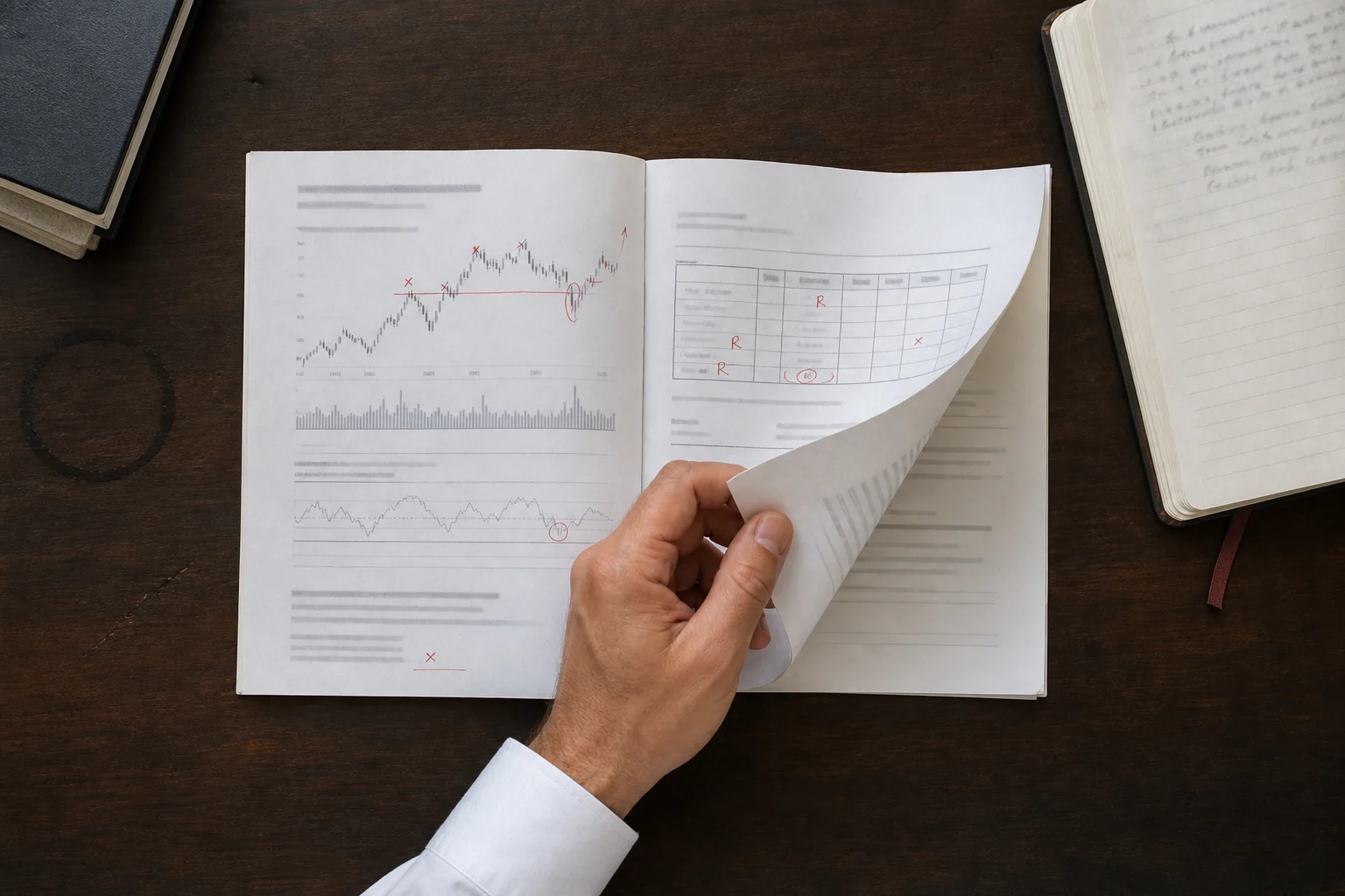 Hand blättert in einer Auswertung mit Charts und Kennzahlen