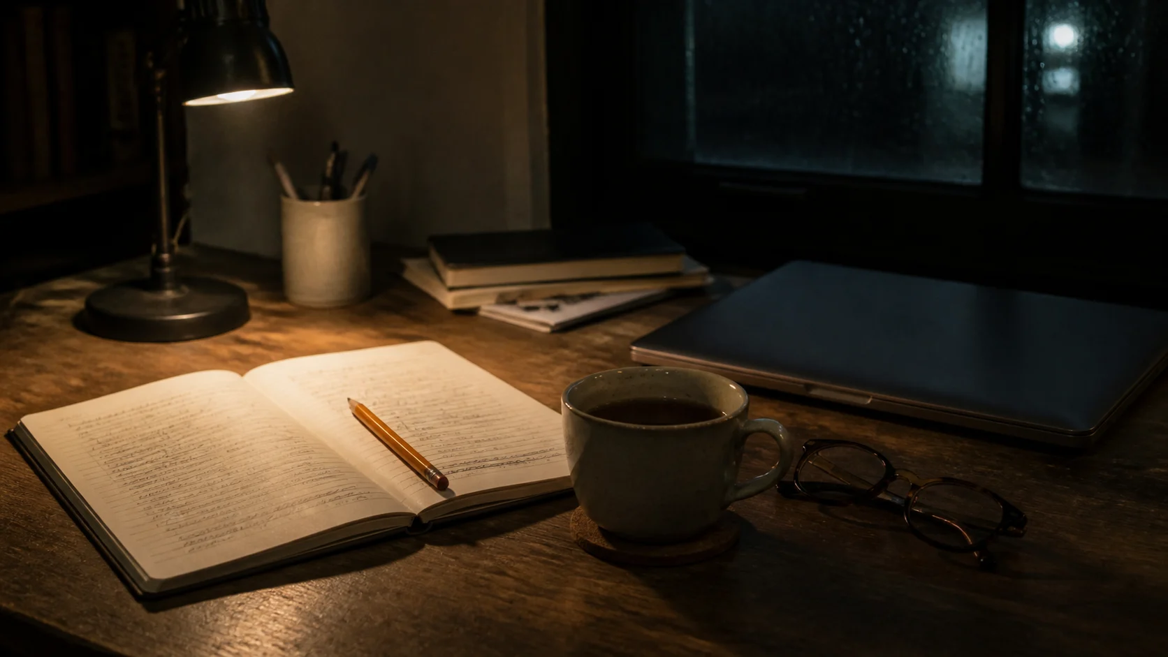 Schreibtisch bei Nacht mit Lampe, offenem Notizbuch und Tasse