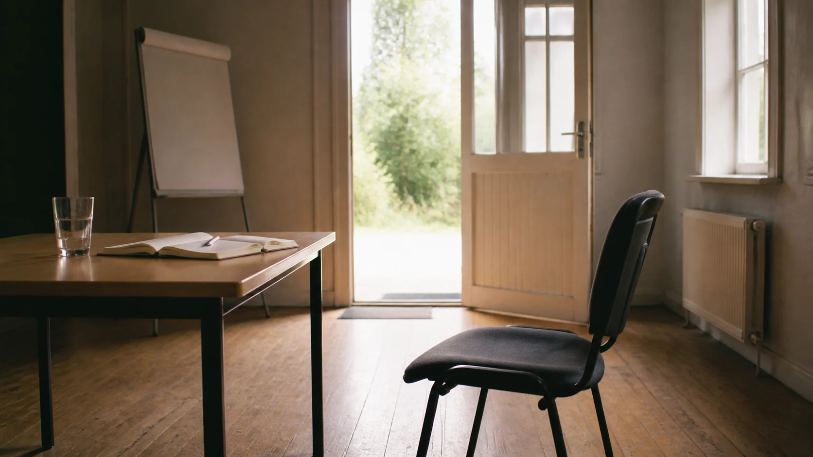 Leerer Seminarraum mit Flipchart und offener Tür ins Tageslicht